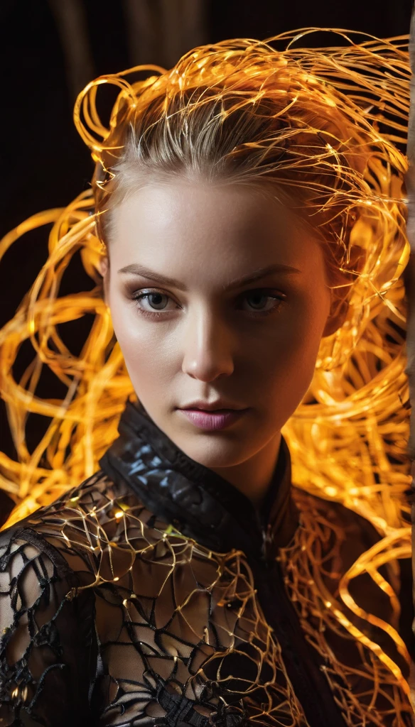 (((Sorcerer))), (((fire punk))), (((candid photography))), (((a white girl in motion))), (((rgb)))), (((close-up))), (((diffuse colors))), (((ultra detailed illustration of a diffuse hallucinatory female creature))), (((complex 3d projections of ghostly translucent fabric and glowing hollow cybernetic threads))), concept art, ((light particles)), (stunning visual masterpiece), ((double exposure)), (glowing texture), ((warm light)), ((warm filter)), (black tones), (no limits), (((unpredictable))), (surreal), (professional composition), (award winning composition), creative , (artistic expression), (extreme composition), (spontaneous composition), (surreal theme), (diffuse creatures), (diffuse figures), disturbing visual expression, evocative, (unusual chromatic contrast)