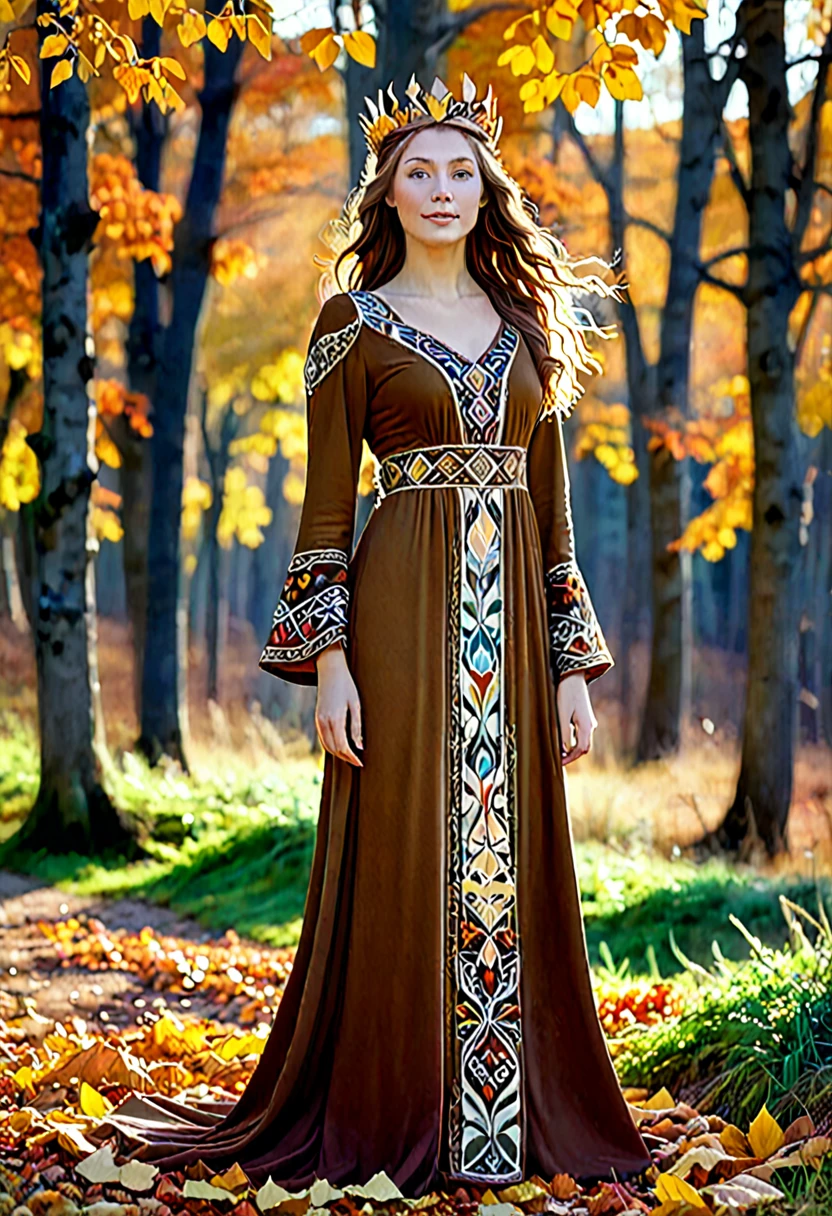 A radiant and charming (((norse goddess))) standing gracefully in the middle of a vibrant autumn landscape. Her loose brown locks cascade over her shoulders.., adorned with a crown of golden leaves that reflect the colorful foliage that surrounds it. The ground is covered with autumn colored leaves. . She is wrapped in an earth toned dress., embroidered with intricate patterns representing the changes of seasons. The soft glow of the setting sun casts a warm, ethereal light on her, infusing the scene with a magical atmosphere. Dead leaves of autumn colors are blown by the breeze.