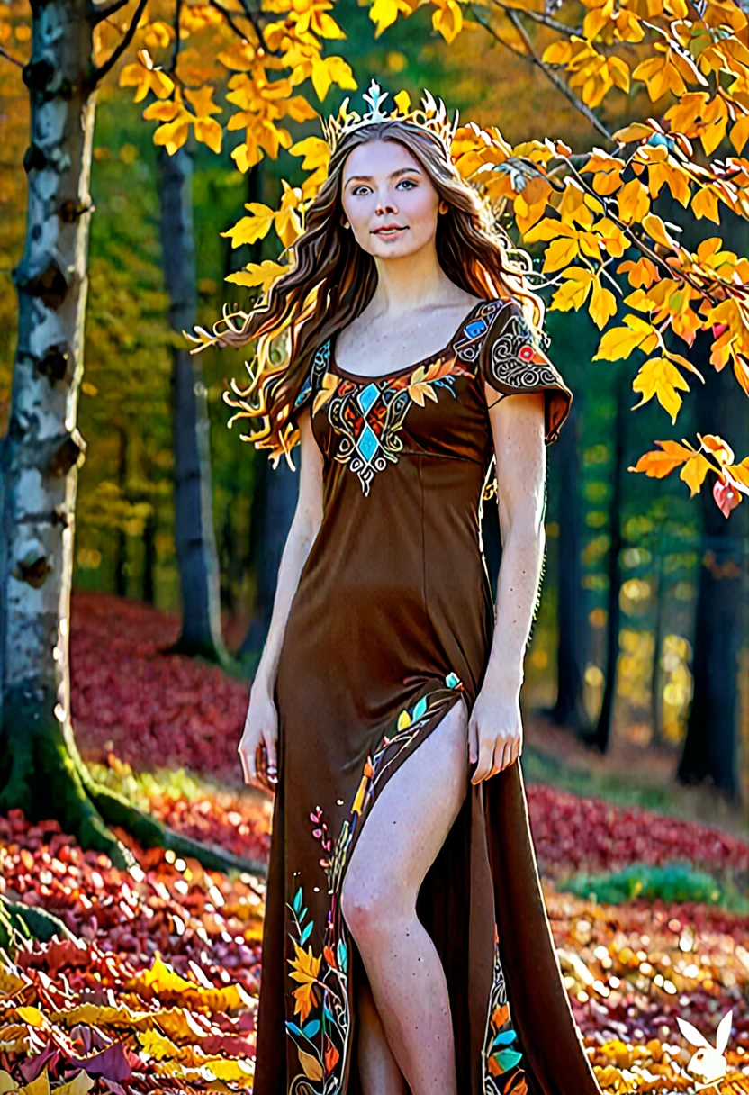 A radiant and charming (((norse goddess))) standing gracefully in the middle of a vibrant autumn landscape. Her loose brown locks cascade over her shoulders.., adorned with a crown of golden leaves that reflect the colorful foliage that surrounds it. The ground is covered with autumn colored leaves. . She is wrapped in an earth toned dress., embroidered with intricate patterns representing the changes of seasons. The soft glow of the setting sun casts a warm, ethereal light on her, infusing the scene with a magical atmosphere. Dead leaves of autumn colors are blown by the breeze.