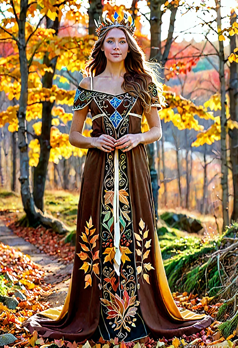 A radiant and charming (((norse goddess))) standing gracefully in the middle of a vibrant autumn landscape. Her loose brown locks cascade over her shoulders.., adorned with a crown of golden leaves that reflect the colorful foliage that surrounds it. The ground is covered with autumn colored leaves. . She is wrapped in an earth toned dress., embroidered with intricate patterns representing the changes of seasons. The soft glow of the setting sun casts a warm, ethereal light on her, infusing the scene with a magical atmosphere. Dead leaves of autumn colors are blown by the breeze.