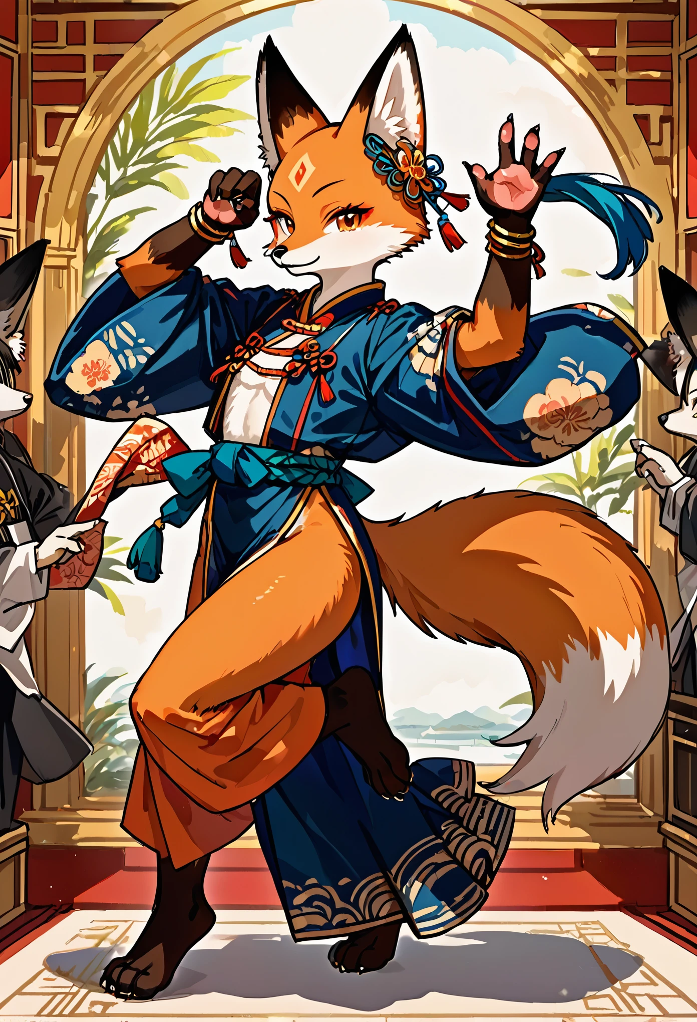 top quality, ancient Chinese beauty, absurdres, perfect anatomy, kemono, solo focus, furry anthro, fox facial features, fox body features, very detailed body fur, full body, dancing pose,