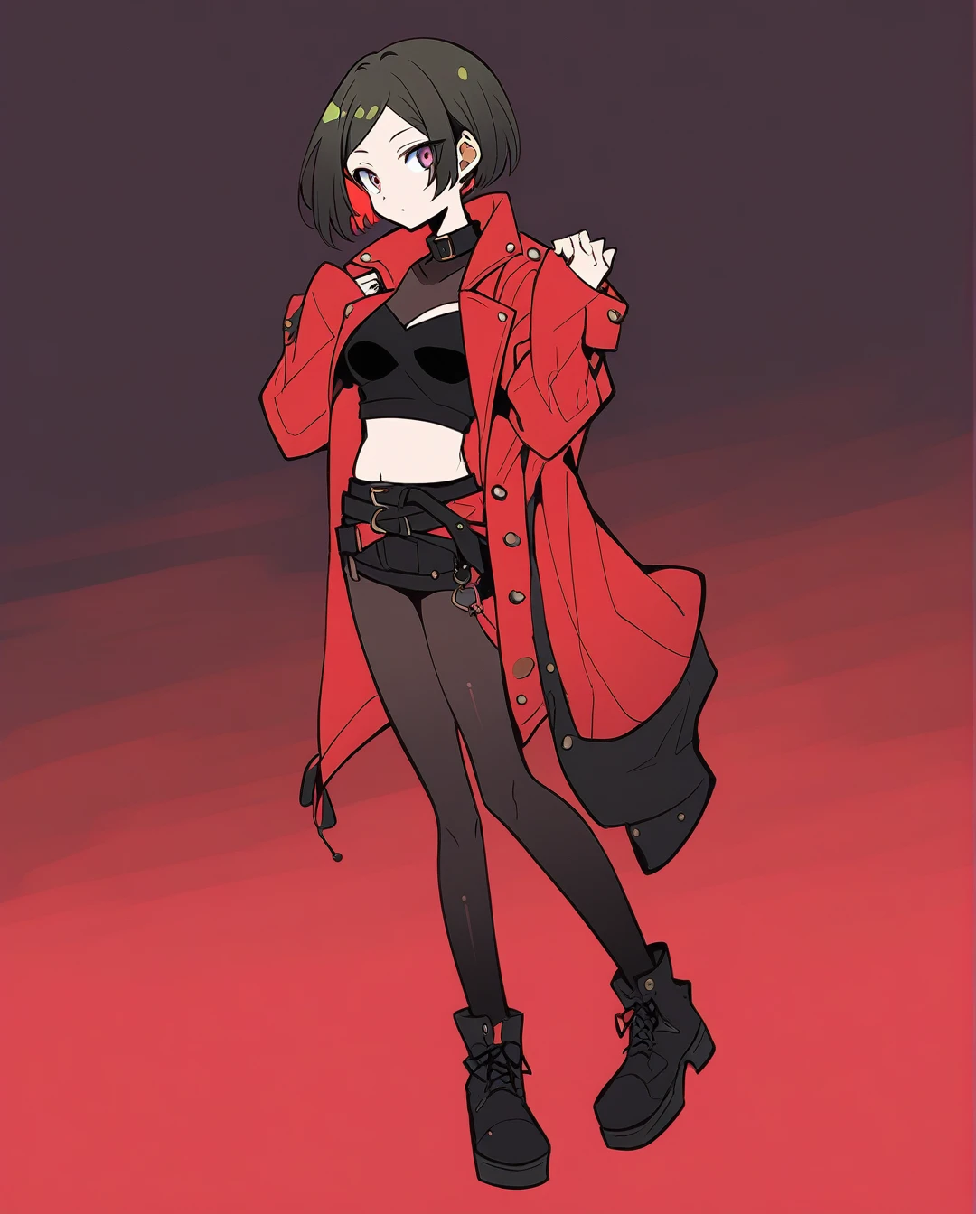 amano yoshitaka, a full-body, high-resolution anime style of A woman with black pixie cut hair, dressed in black tights, black boots, black crop top, and red leather jacket