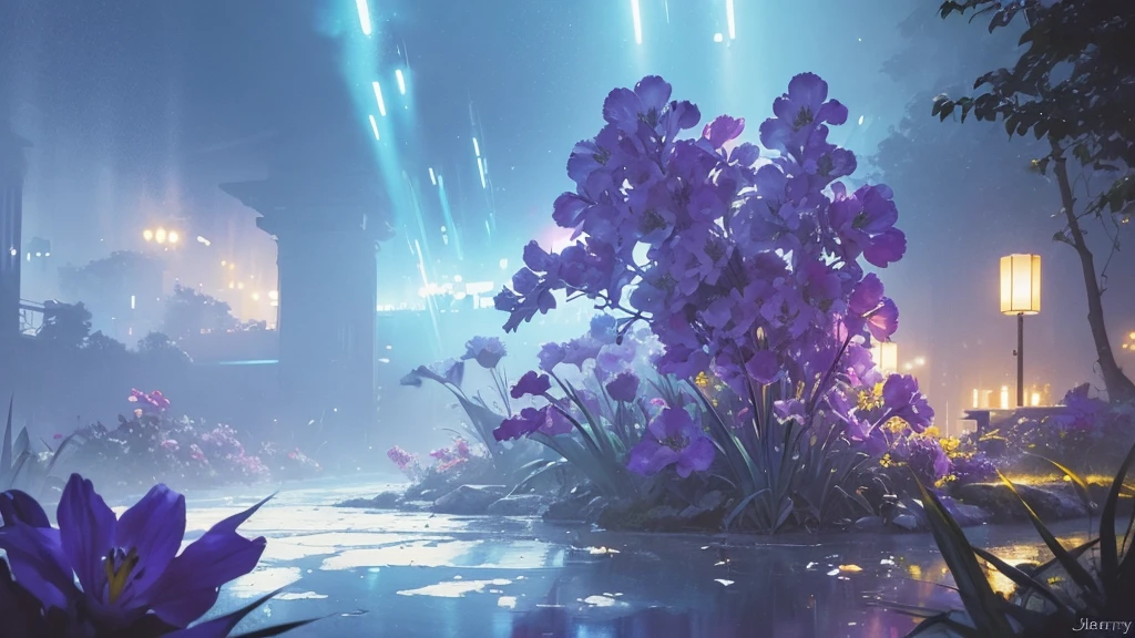 32k, Masterpiece, Highest quality, One girl, Detailed eyes, flower,gladiolus, Light blue and purple style,A dreamy, romantic piece,Pale yellow, Mysterious Leaves,A playful arrangement,Fantasy,High Contrast,Ink strokes,explosion,Exposure, Impression of light blue and purple tones,Abstract,((Watercolours by John Berkey and Jeremy Mann )) Brush strokes,Negative Space, Tyndall effect,