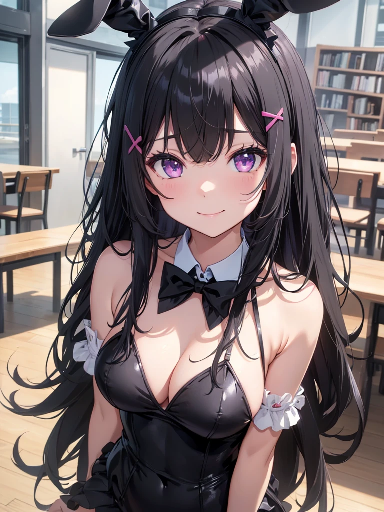 mai sakurajima, long hair, bangs, (black hair:1.5), hair ornament, (purple eyes:1.1), hairclip, rabbit hair ornament, pantyhose, black leotard, clevage, medium breasts, cuffs, smiling, bare shoulders, bow tie, library, bunny ears, fake bunny ears, black bunny ears, black bunny ears black bunny ears black bunny ears black bunny ears