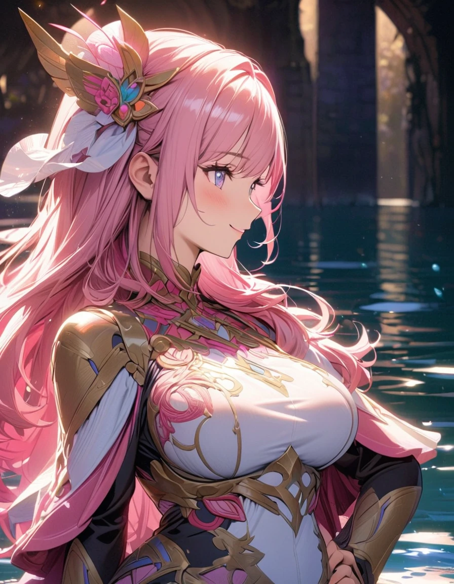  beautiful girl, long pink hair, beautiful face,smiling,close up to hips, beautiful breast, in the middle of beautiful lake, (open mouth:0.4),illustration,detailed textures(realists),ultra-detailed,portrait style,vivid colors,soft lighting, blushing, mature, hair fluttering, cool moonlight light, ((half body)), wearing intricate clothes, perky. ((side profile until hips)), hair accessories, cleavages