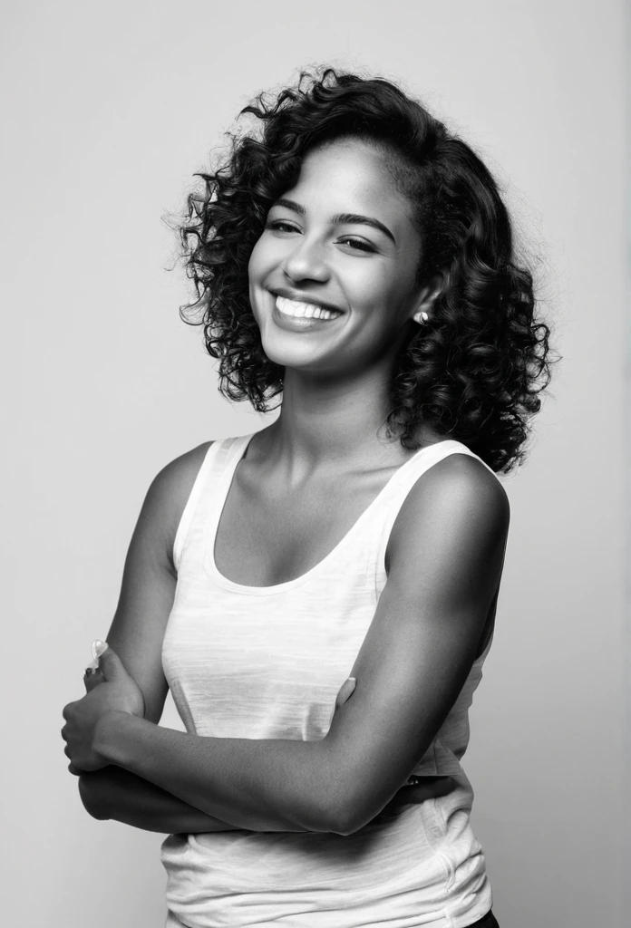 A black and white photograph of a young woman posing in profile. She has a tank top with her head tilted back and dark wavy hair falling freely. Her expression is joyful with a wide smile. The background is completely white, highlighting her figure with soft, even lighting. Her arms are crossed over her chest, creating a dynamic and expressive pose. The image conveys freedom, confidence, and joy