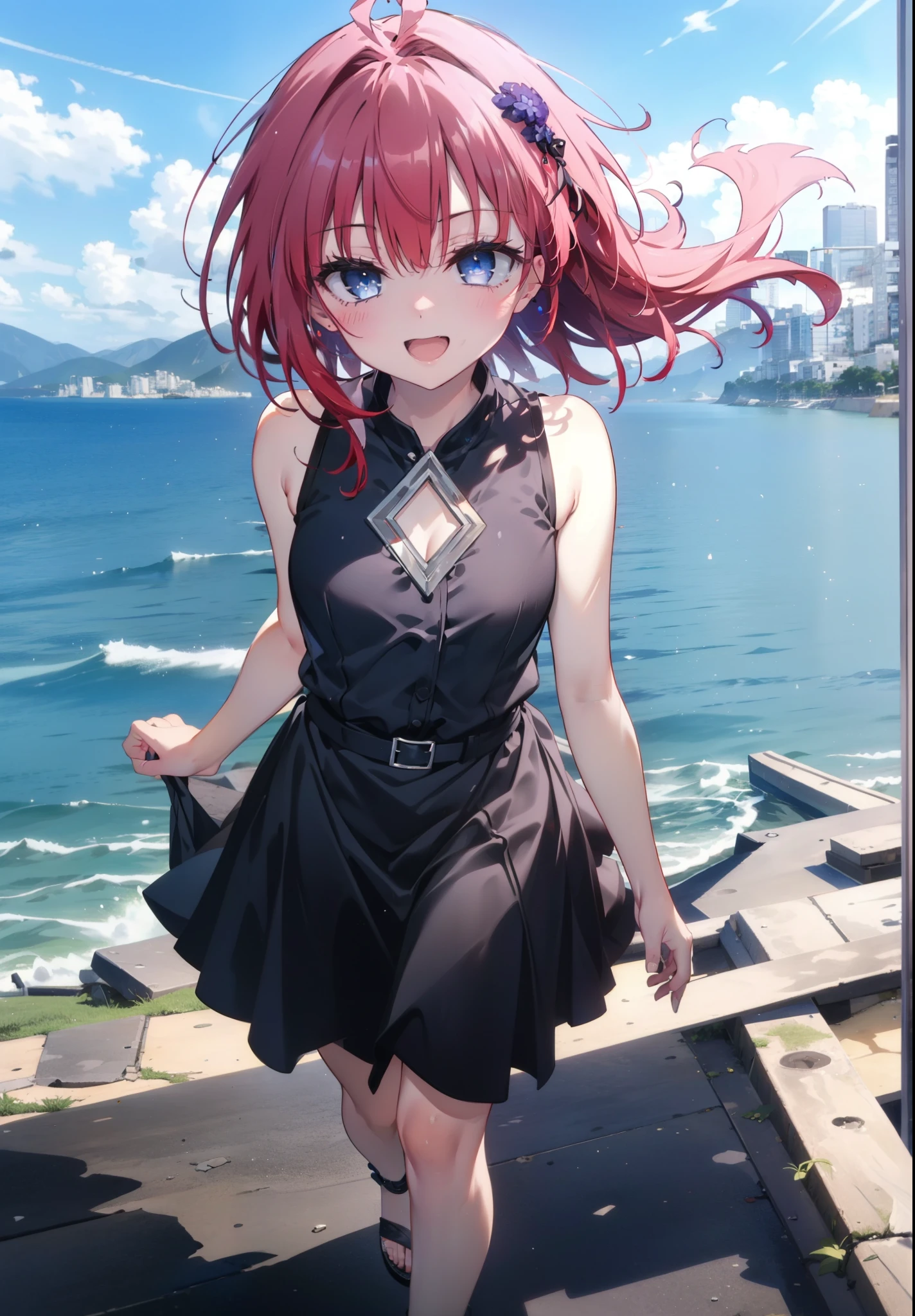 (masterpiece, Highest quality:1.2),shape,8K,High resolution,Say something happy smile, smile, Open your mouth,,Redhead,Long Hair,Purple eyes,1 Girl,sleeveless black dress,Bare arms,Black long skirt,Cute Sandals,walking,Daytime,Clear skies,
break looking at viewer,whole body,
break outdoors, Coastal Road,
break (masterpiece:1.2), Highest quality, High resolution, ユニティ 8K 壁紙, (shape:0.8), (Beautiful and beautiful eyes:1.6), Highly detailed face, Perfect lighting, Highly detailed CG, (Perfect hands, Perfect Anatomy),