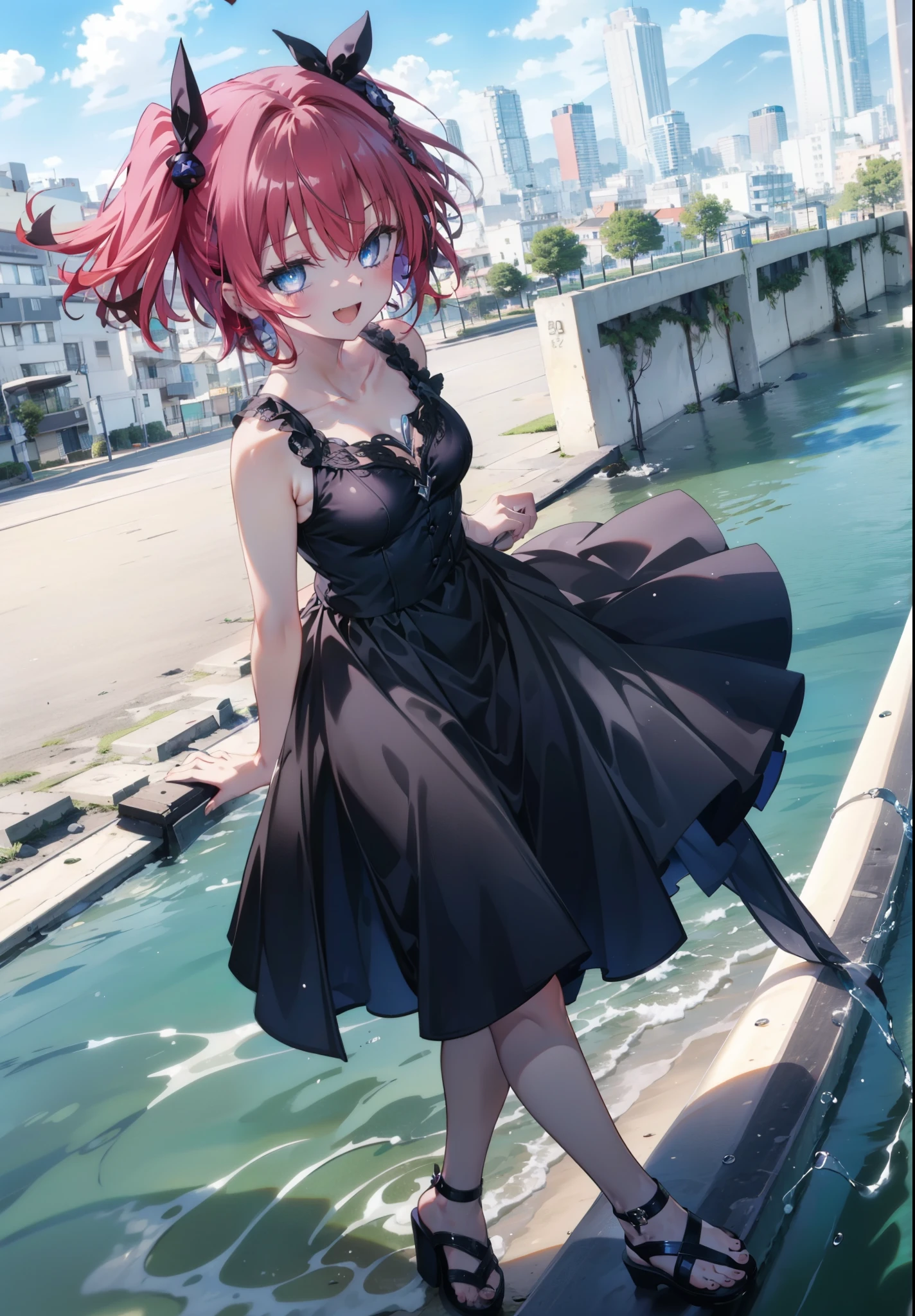 (masterpiece, Highest quality:1.2),shape,8K,High resolution,Say something happy smile, smile, Open your mouth,,Redhead,Long Hair,Purple eyes,1 Girl,sleeveless black dress,Bare arms,Black long skirt,Cute Sandals,walking,Daytime,Clear skies,
break looking at viewer,whole body,
break outdoors, Coastal Road,
break (masterpiece:1.2), Highest quality, High resolution, ユニティ 8K 壁紙, (shape:0.8), (Beautiful and beautiful eyes:1.6), Highly detailed face, Perfect lighting, Highly detailed CG, (Perfect hands, Perfect Anatomy),