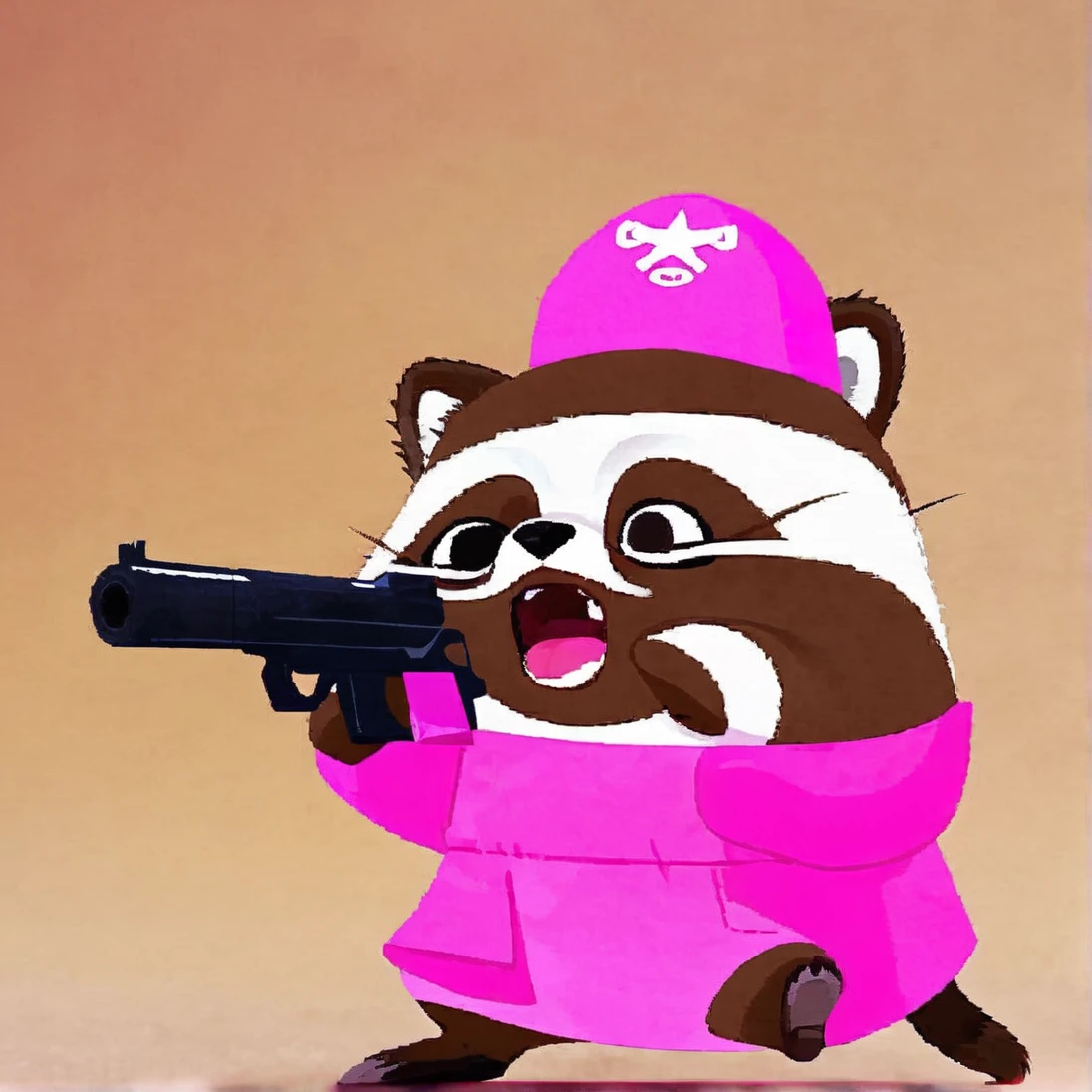 brown Tanuki Raccoon Seal, pink stewardess hat, pink General Uniform, holding Uzi Gun, Angry and Rage, multimedia illuminate