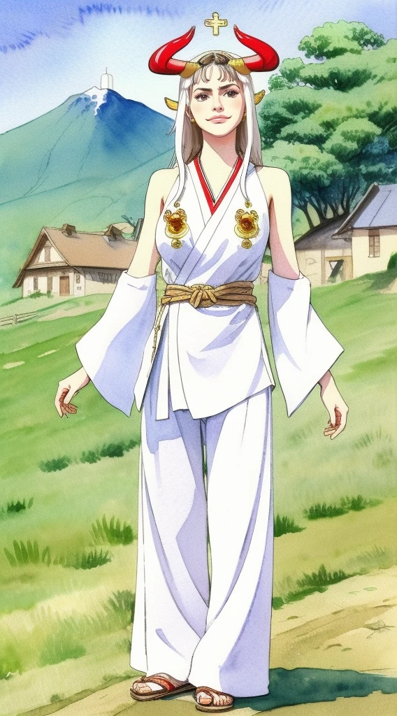 (masterpiece:1.2, Highest quality), (Beautiful, detailed eyes: 1.2), ((One girl)), ((alone)), (Red eyes:1.4), (Detailed eyes and face:1.3), (Beautiful village background:1.2), (Highly detailed CG, Super detailed, Best Shadow:1.1), ((Depth of written boundary)), ((watercolor)), kimono, Large Breasts, Bare shoulders, Flowers and petals, beautiful concept figure, (White Background:0.5), (figure:1.1), (Very nice and beautiful:1.1), (Perfect detail:1.1), Yamato, whole body,t,, whole body, religious, Catholic, Priestessess, whole body, flip flops, pants,smile