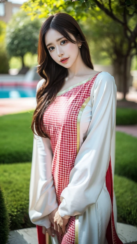 (((HD photo))), ultra high res.photorealistic:. 1.4, UHD a woman in a beautiful garden, wearing a traditional shalwar kameez dress, standing gracefully with a serene expression. The woman has almond-shaped eyes with long eyelashes and perfectly shaped eyebrows. Her lips are full and delicately detailed, adding to her beauty. The shalwar kameez dress is made of fine silk fabric with intricate embroidery, displaying vibrant colors and patterns. The garden is filled with blooming flowers, lush green trees, and a tranquil pond. The sunlight gently filters through the foliage, casting a warm and soft glow on the scene. The image is of the highest quality, with ultra-detailed textures and realistic rendering. The colors are vivid and vibrant, creating a visually stunning masterpiece.