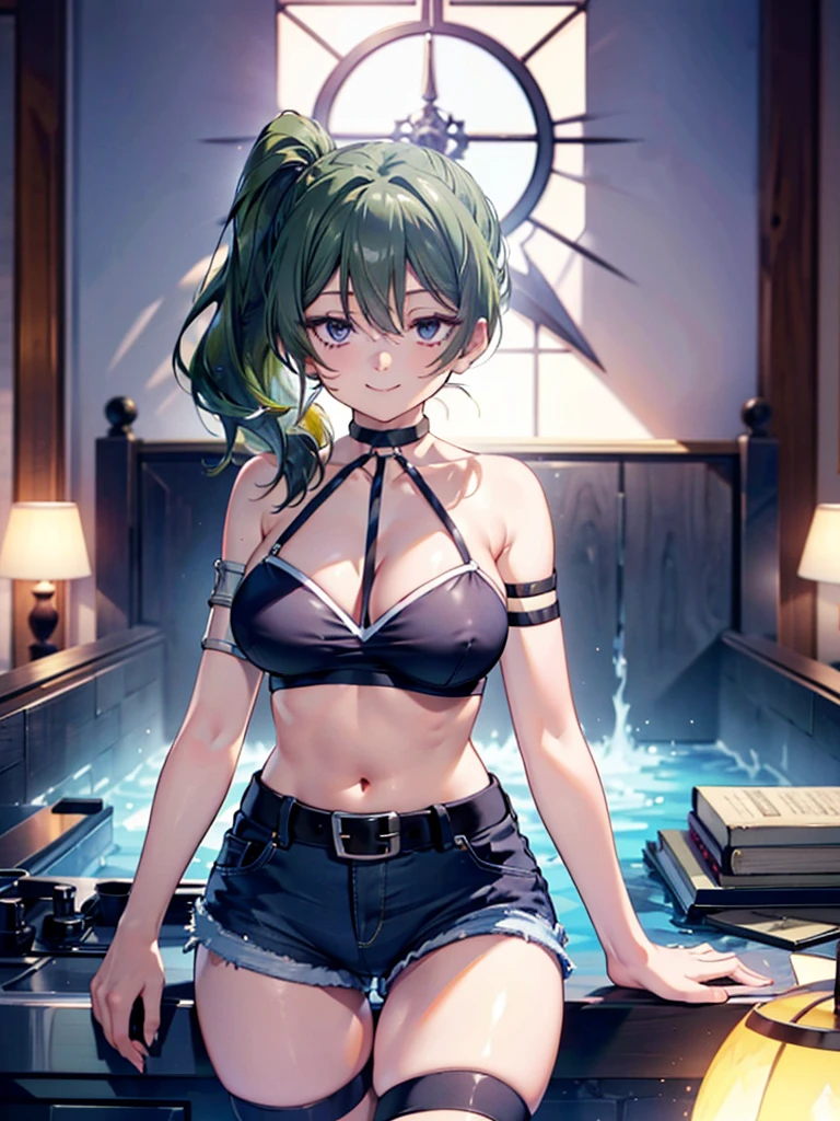 (8K, Highest quality, Highest quality, masterpiece), ubel, long hair, side ponytail, cleavage, belt, arm strap, single elbow glove, thigh strap, smile, denim hot shorts, mini shorts, big breasts, cameltoe