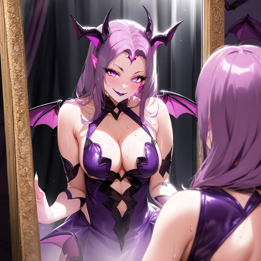 1 mature woman and 1 succubus,(Detailed Description,Incredibly absurd,High resolution,8k wallpaper,masterpiece,Highest quality,Depth of region,Anatomically accurate depiction,A face with attention to detail, Eye for detail,Perfect body,Two lovely hands, Five perfect fingers),(Glowing Skin,Shiny skin,Oilskin),(((A woman in a neat dress stands in front of a mirror,The image of a seductively smiling succubus is reflected in the mirror.))),eyelash,Intensely glowing purple eyes,There is cleavage in the chest,Glossy lipstick,Sweat,(background:Large mirror),