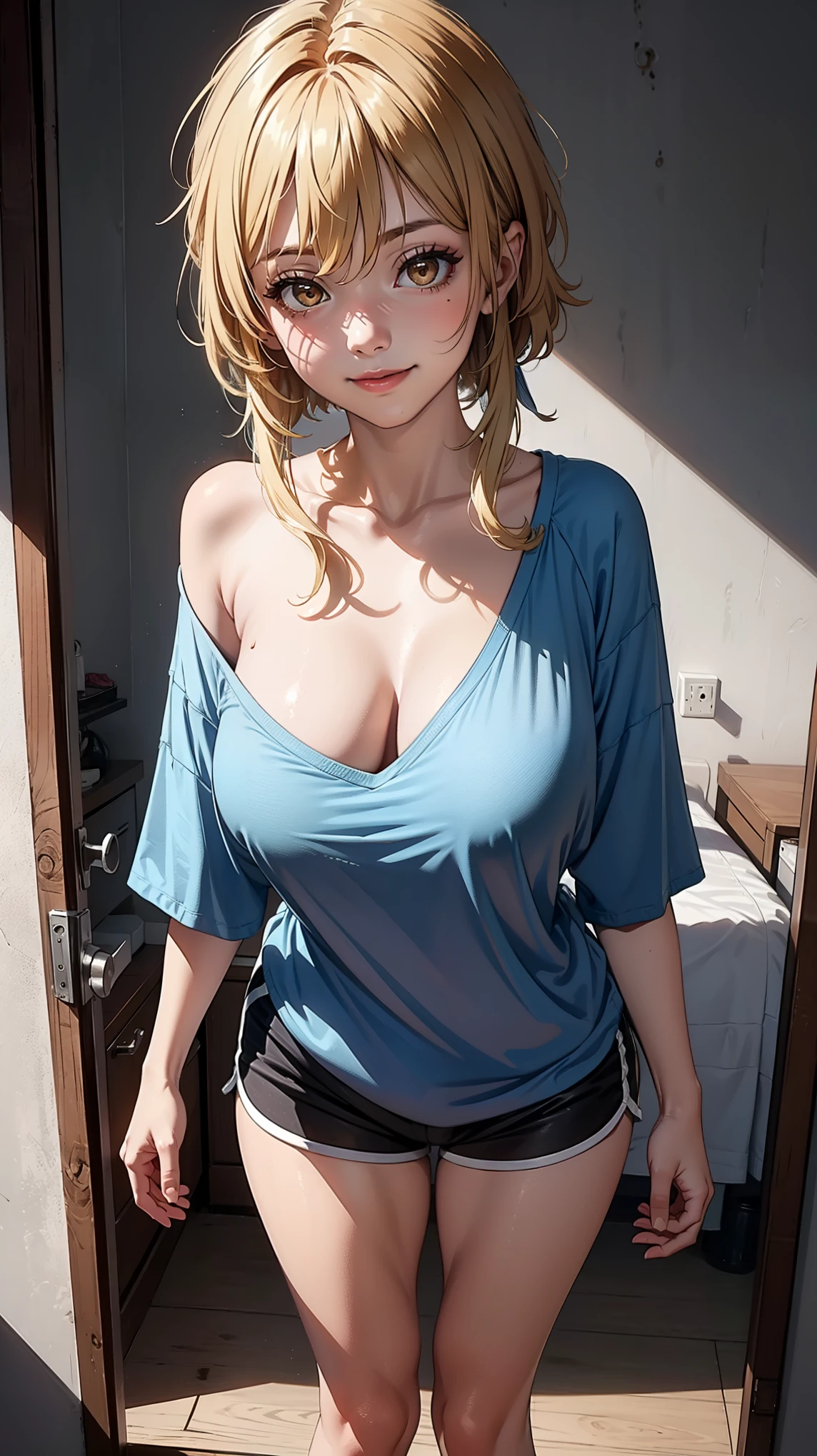 (Luminernd), masterpiece,huge breast, outside, looking at viewer, detail eyes, detail face, standing, smile, (front view:1.3), dolphin shorts, (single bare shoulder shirts), oversize shirts, (cleavage), half body shot