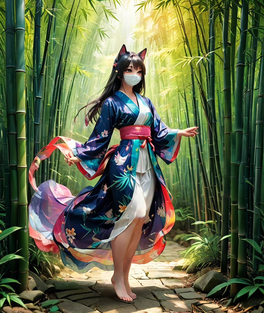 Girl wearing a Japanese-style cat mask、japanese girl、wearing a yukata、Smooth long hair with bangs、Inside the bamboo forest、Complex colors, Art Me、Actual photo、High definition、Detailed、whole body