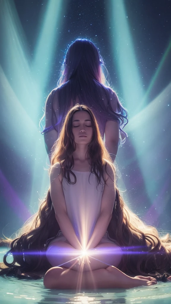 A mystical scene of a person bathed in divine light. A figure with long, wavy hair sits cross-legged in meditation, wearing a flowing purple robe. Their back is to the viewer. Above them, a brilliant, radiant light source emanates beams of golden and rainbow-hued light. The light forms a circular aura, with rays stretching down to envelop the person. The background is dark, enhancing the contrast with the luminous apparition. The overall atmosphere is one of spiritual awakening, transcendence, and connection to a higher power.