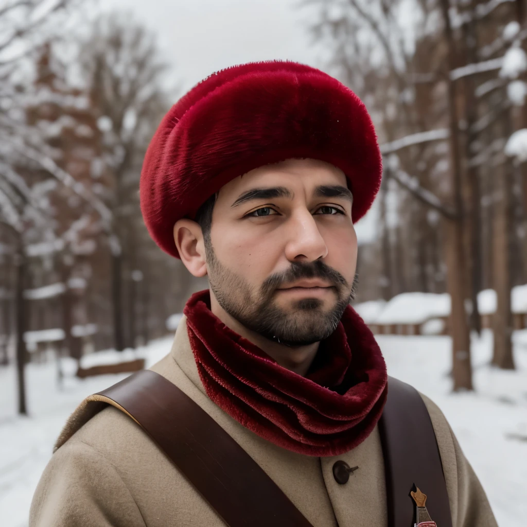 arafed man in a fur hat and a red ribbon, a colorized photo inspired by Ilya Ostroukhov, flickr, socialist realism, wearing russian ww 1 clothes, roman shipunov, he‘s wearing a red neckerchief, soviet military, vladimir krisetskiy, knyazev konstantin, vladimir motsar, russian ww 1