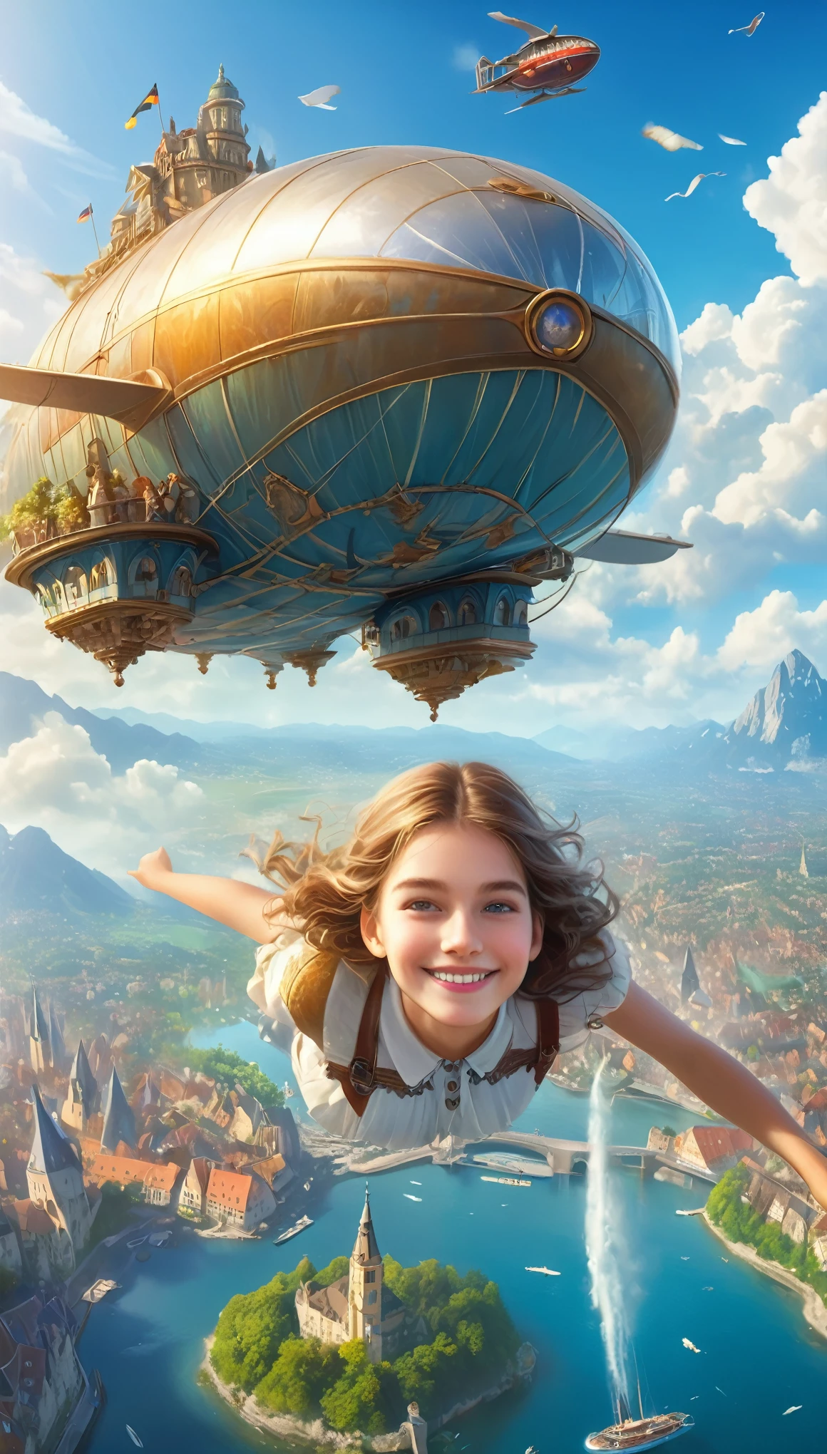 Many islands are floating in the air, A small airship is flying around, City, Fantasy, Extreme Detail, Realistic Light, A magnificent composition, (Intricate details), (Intricate Design, Super detailed :1.2), Art Station, (masterpiece, Highest quality), Ultra HD, 32K (Close-up portrait of yo beautiful Half German girl is smiling at viewers:1.6)