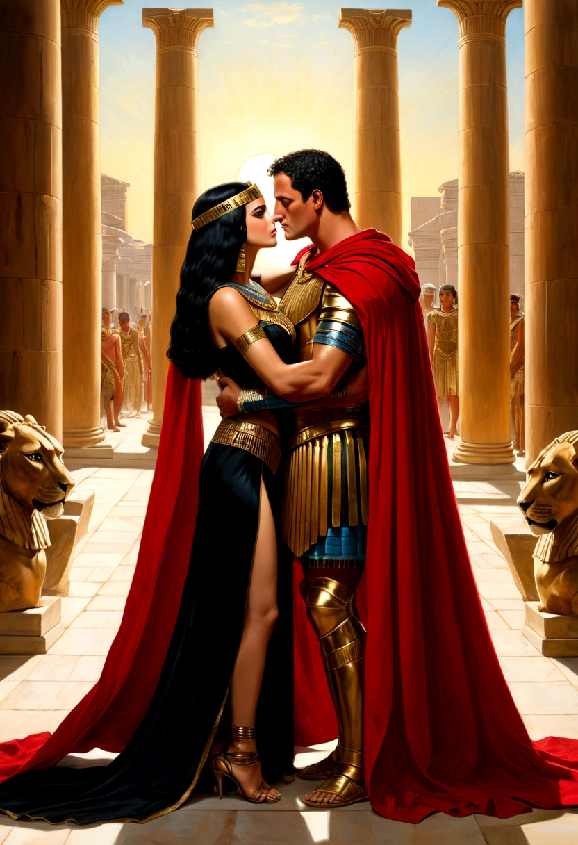 A stunning painting depicts a scene of passion in ancient times. A powerful man julius caesar emperor of rome, wearing Roman armor with a majestic red cape, wraps a stunning woman in a sensual black dress. Their intense gazes reveal a deep and irresistible connection. o fundo, richly detailed, evokes the grandeur and opulence of Egypt under the reign of Ptolemy XIII, with symbols of power and glory. The scene captures the essence of a steamy, forbidden romance, immortalizing a moment of love and intense desire.