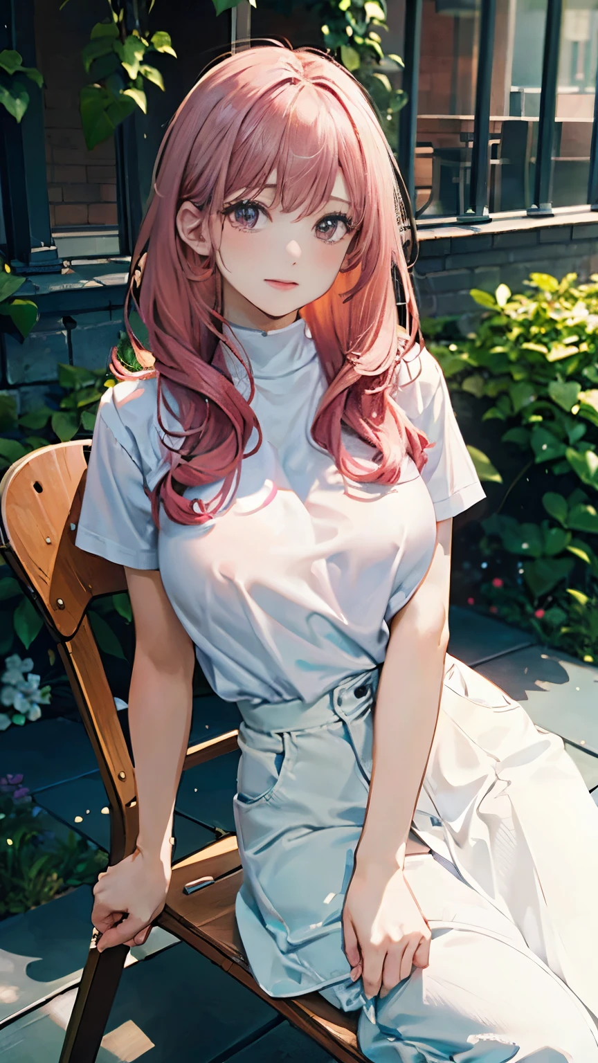 (masterpiece:1.2, Top quality),, Nice illustration, (Natural side Light, Light), 
Looking at the audience, 1 girl,Protruding nipples， Pink hair，White shirt clothes，Large Breasts，Nipple protrusion 2:1，She sits in a garden chair