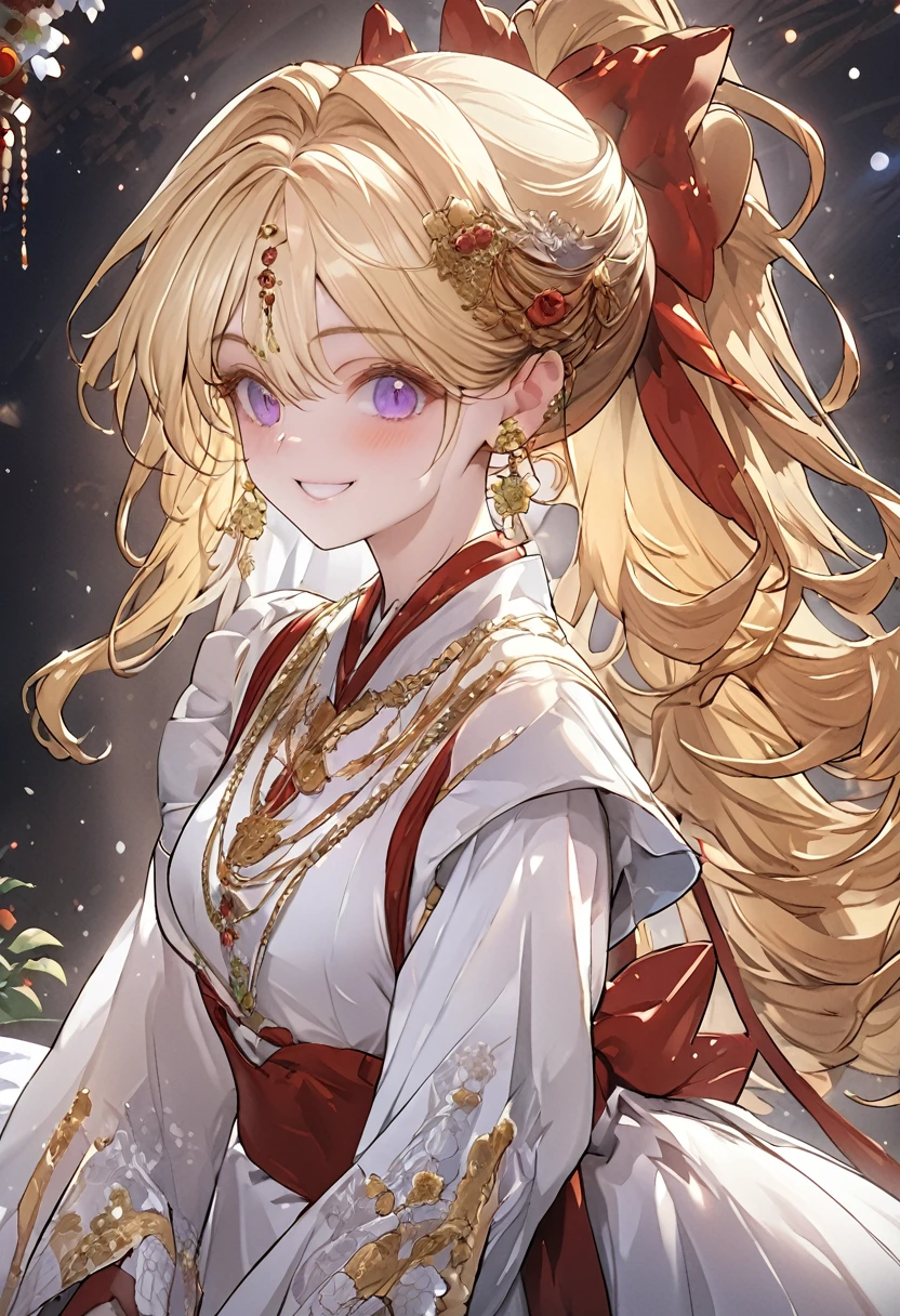 masterpiece, best quality, ultra-detailed, illustration, beautiful detailed eyes,  maron, kaitou jeanne, long hair, smile, purple eyes, blonde hair, bow, ribbon, hair ribbon, ponytail, earrings, red ribbon, red bow, drill hair, high ponytail, beautiful art, high res, perfect face, detailed outfit,