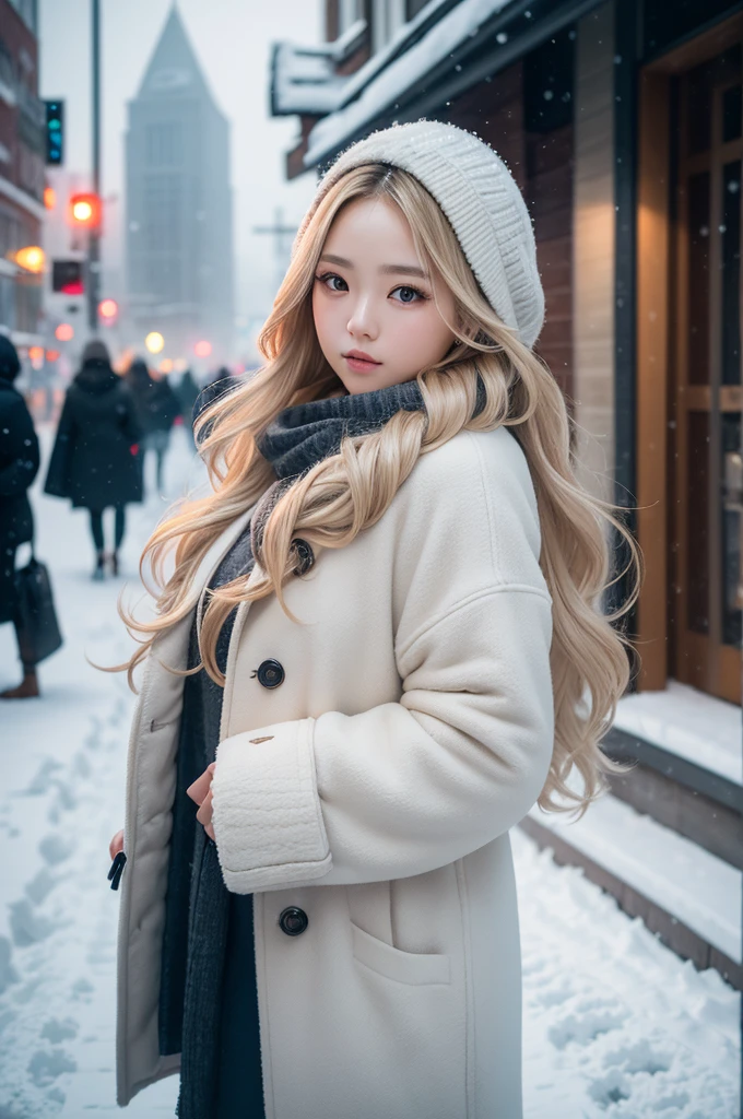 professional photography of a beautiful Korean girl in winter clothes with long wavy blonde hair, sensual and seductive look, beautiful symmetrical face, beautiful natural makeup, wearing chic warm winter fashion clothing, ((standing outside on the snowy city street)), impressive modern urban environment, ultra realistic, conceptual artwork, chic, highy detailed, intricate, sharp focus, Depth of field, f/1. 8, 85 mm, medium shot, mid shot, (((professional color grading))), soft and bright diffused light, (Volumetric fog), Trends on Instagram, HD 4k, 8K