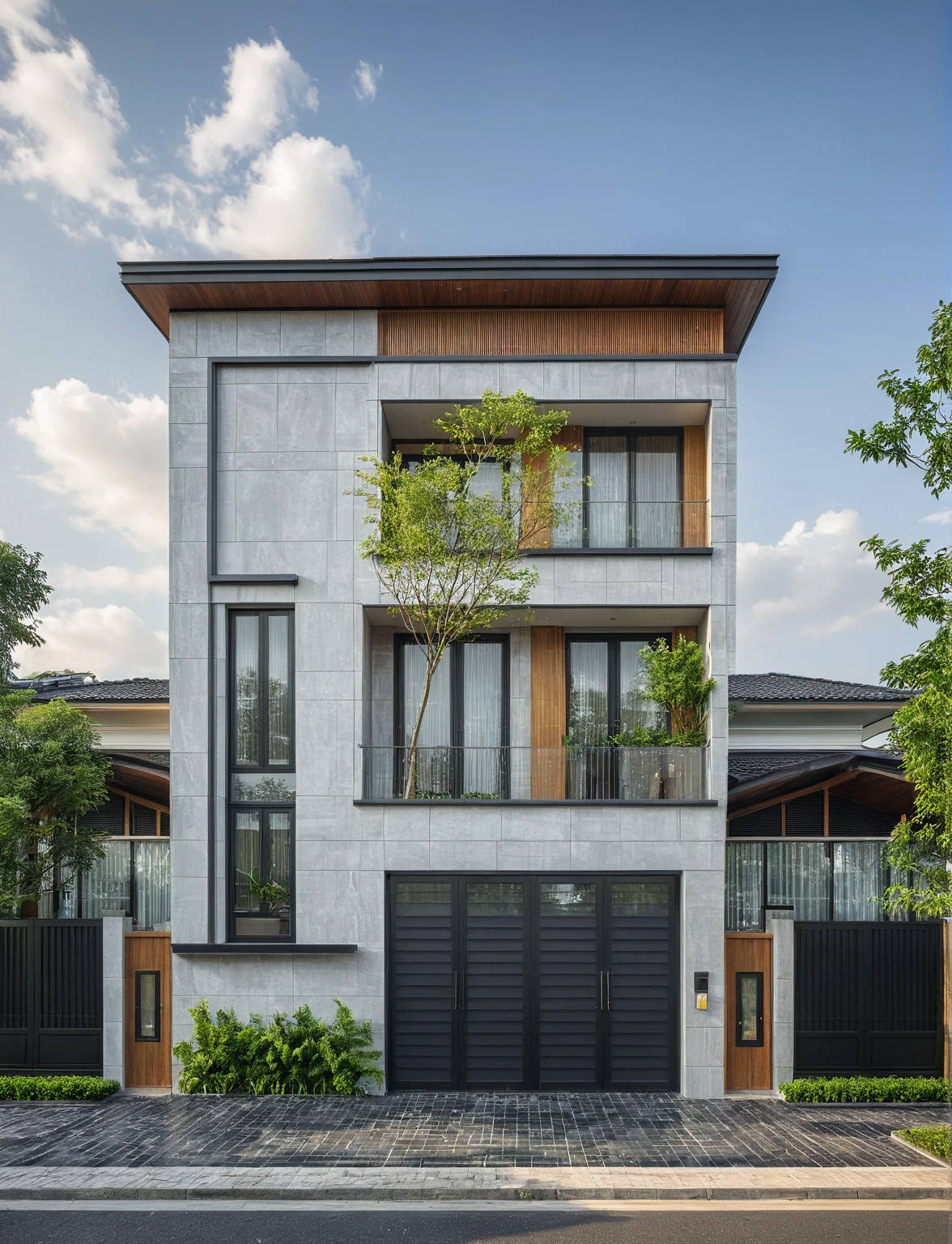 modern villa on street, (daylight), tropical tree, (slope roof, black tiled roof:1.2), vivid color, streetcapes, nice sky, grey tone, large glass door, warm interior lighting, modern material, best quality, ultra realistic, masterpiece, 17ArchiAI_XL_VL-v1
