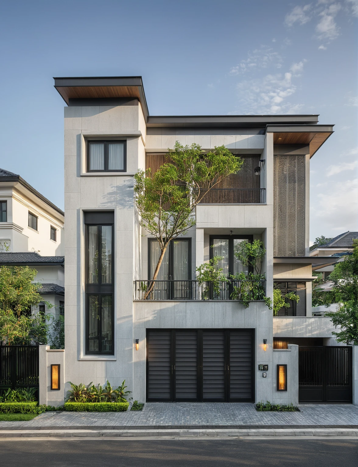 modern villa on street, (daylight), tropical tree, (slope roof, black tiled roof:1.2), vivid color, streetcapes, nice sky, grey tone, large glass door, warm interior lighting, modern material, best quality, ultra realistic, masterpiece, 17ArchiAI_XL_VL-v1
