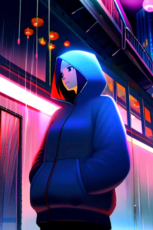 1 girl,city at night,rain,shelter,hands in pockets