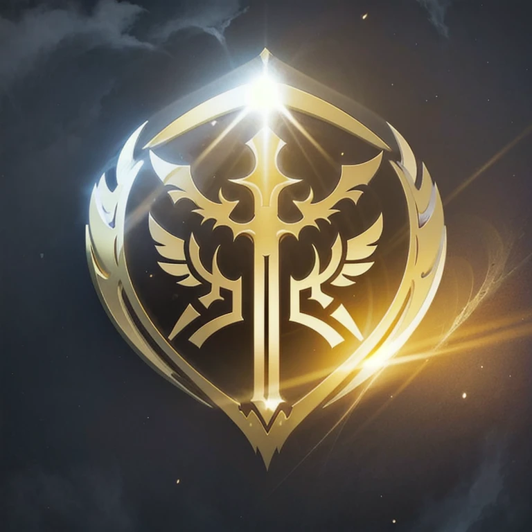 a logo using a large simple shield of light, very simple for a light faction in an RPG world, light emblem, just yellow color, mighty, concentrated, dreamy, purify, Symmetrical, chic, high qualiy, com fundo branco, minimalistic, no animal face