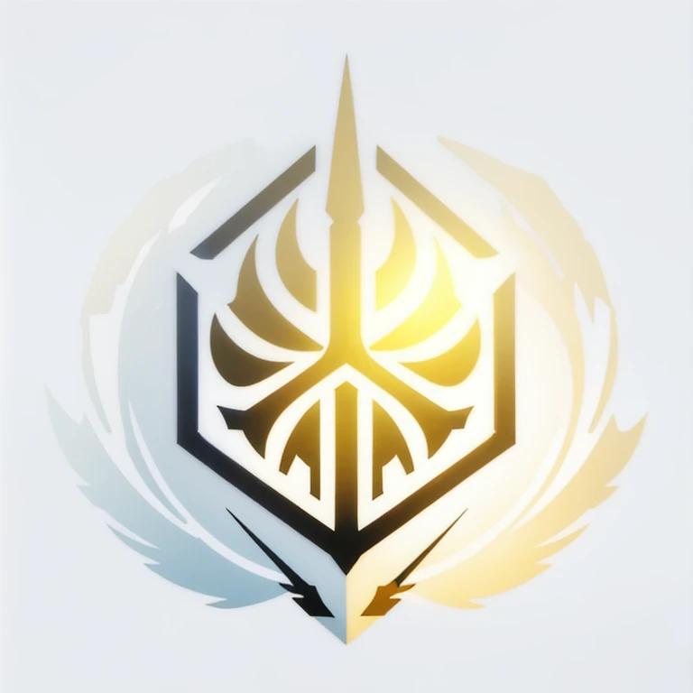 a logo using a large simple shield of light, very simple for a light faction in an RPG world, light emblem, just yellow color, mighty, concentrated, dreamy, purify, Symmetrical, chic, high qualiy, com fundo branco, minimalistic, no animal face