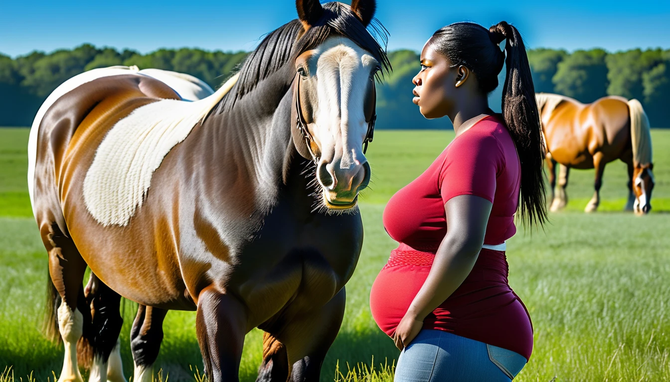 a BBW very full figured very black skinned nude African woman standing by the rear of two big Belgian draft horse mares (side view). big bum. very short tail. horse facing horizon . flat grass meadow. steaming horse dung behind horse. cloudless blue sky., black hair, short ponytail, dilated pupils, smelling horse bum, open mouth, high detail, depth of field, UHD, masterpiece, anatomically correct, accurate, super detail, highres, 16k meadow.  cloudless blue sky. both horses  and woman un full view