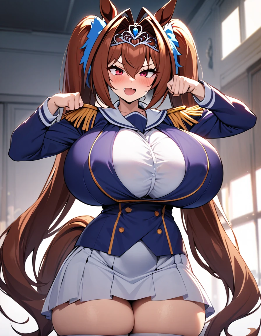 masterpiece, best quality, highres, 1girl, daiwa scarlet (umamusume), horse ears, long hair, twintails, tiara, horse tail, very long hair, brown hair, epaulettes, long sleeves, gigantic huge breasts, Whipped thighs,Trasen School costume, white thighhig, White skirt, sailor shirt,Sailor collar, Purple shirt, a miniskirt,bangs,fang, red eyes, hair,between eyes, hair bow,  smile,standing,short stature,very near,lascivious,Females in heat,lecherous look,SFW,