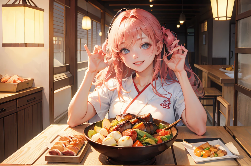 Photorealistic、Highest quality、Highest Resolution、Highest quality、8K、Beautiful woman、whole body、美味しそうな焼meatを焼いている、meat、smile、Smile、looks fun、sake、