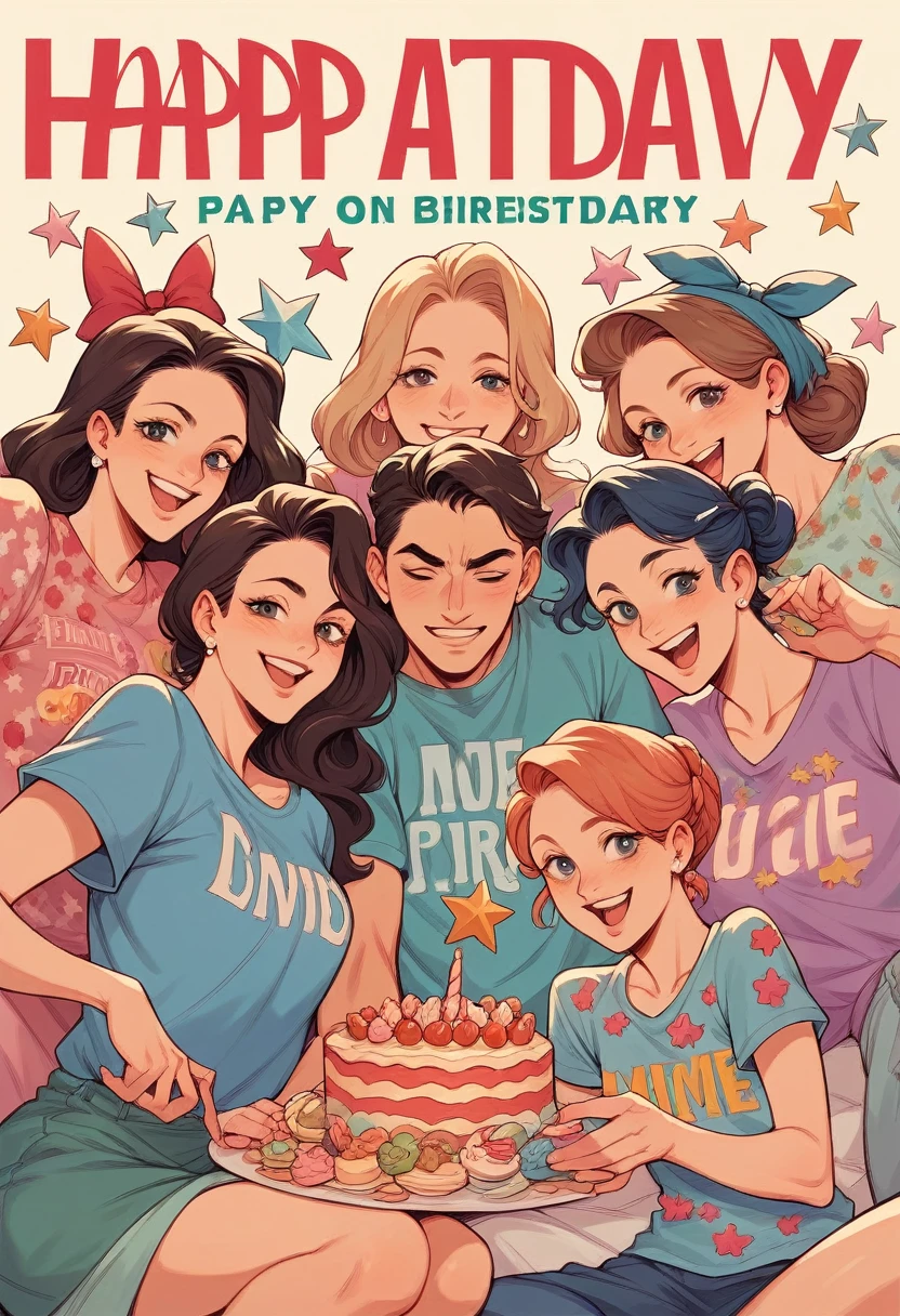 create a beautiful scene, Television commercial, cover of a magazine, reunited family, June themed birthday party, lots of sweets, written shirt "@LARCH DOCES", everyone very happy