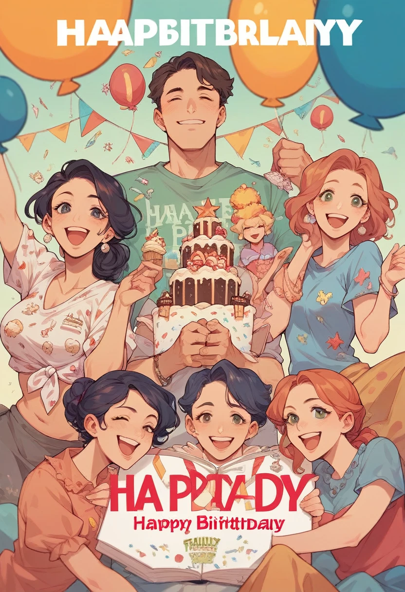 create a beautiful scene, Television commercial, cover of a magazine, reunited family, June themed birthday party, lots of sweets, written shirt "@LARCH DOCES", everyone very happy