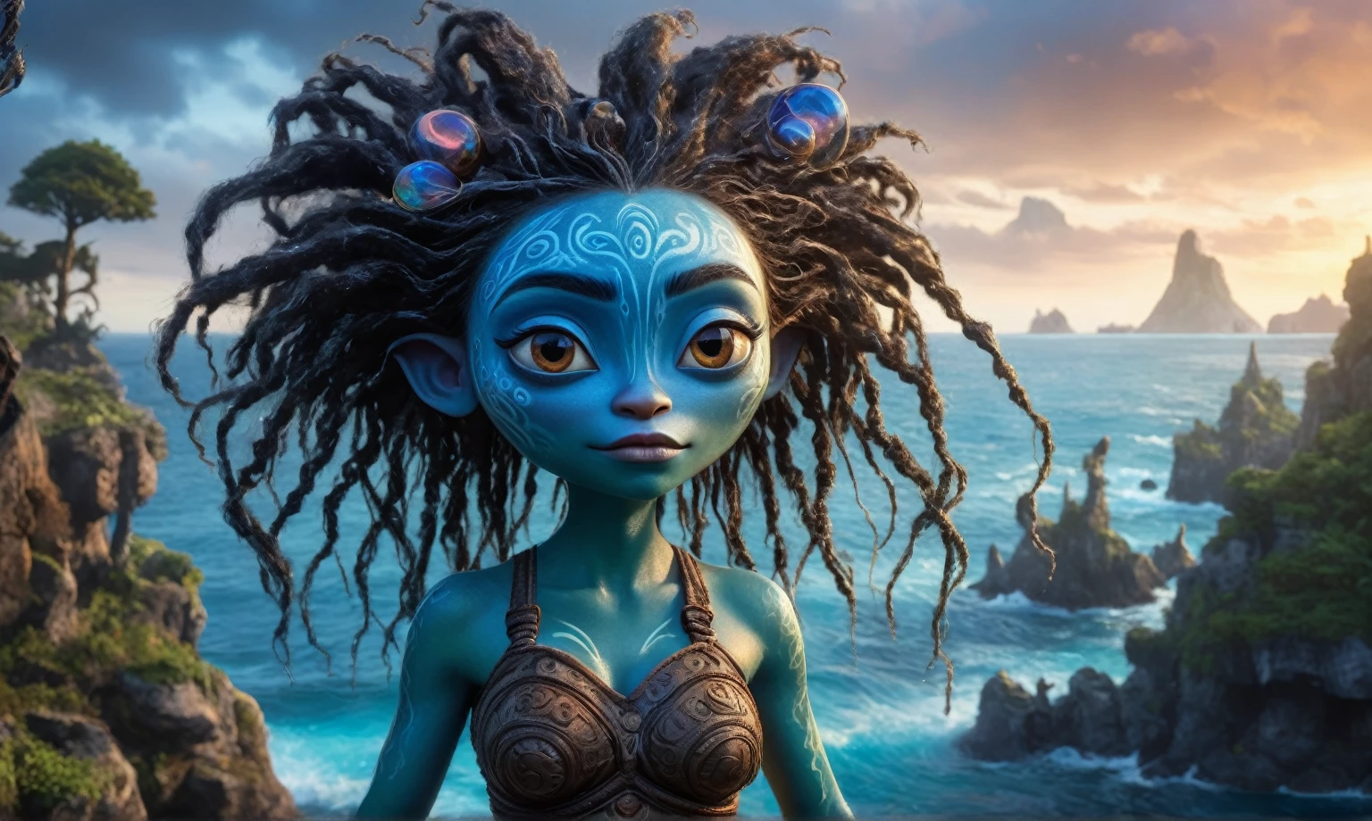 view from height,full-body-shot,obsidian The Alien Entity Moana, sassiness temper,natural jellyfish's skin textures, hyper realisitc, hyper detailed,Extremely detailed,High contrast, ,Realistic,Ultra Detailed,intricate details,realistic humid skin,extremely intricate,Epic Realistic, Romantic, cinematic style,irina yermolova, messy hair,extremely detailed, ,masterpiece,intricate details,faded,eyes extremely detailed, high detailed eyes,32k resolution, Nikon Z9,orc's village of fishers,National Forest Park,full body length,mother-of-marble,ominous landscape,floating islands on background in dangerous atmosphere,intricate details,realistic humid skin,extremely intricate details,anatomically correct,faded,eyes extremely detailed, high detailed eyes,UHD,Retina,HDR,natural skin textures, hyper realism, hyper detailed,High contrast,Realism,Ultra Detailed,irina yermolova,close full body shot, masterpiece,faded,32k resolution, Nikon Z9,sunset, a Tim Burton-inspired dreamscape,Bun Hair,(Folk clothes:1.5),Mestichino,Light particles,marble's leather