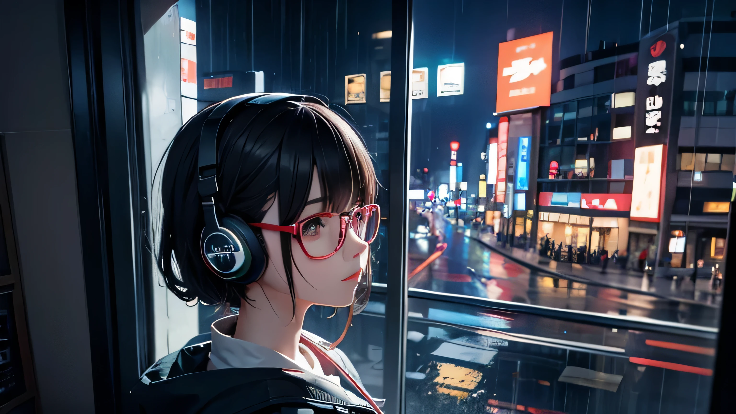 Midsummer night in Tokyo、Continuous rain、The puddles on the road reflect the neon lights、View from the window of my room at home、A high school girl wearing glasses enjoying music with black headphones