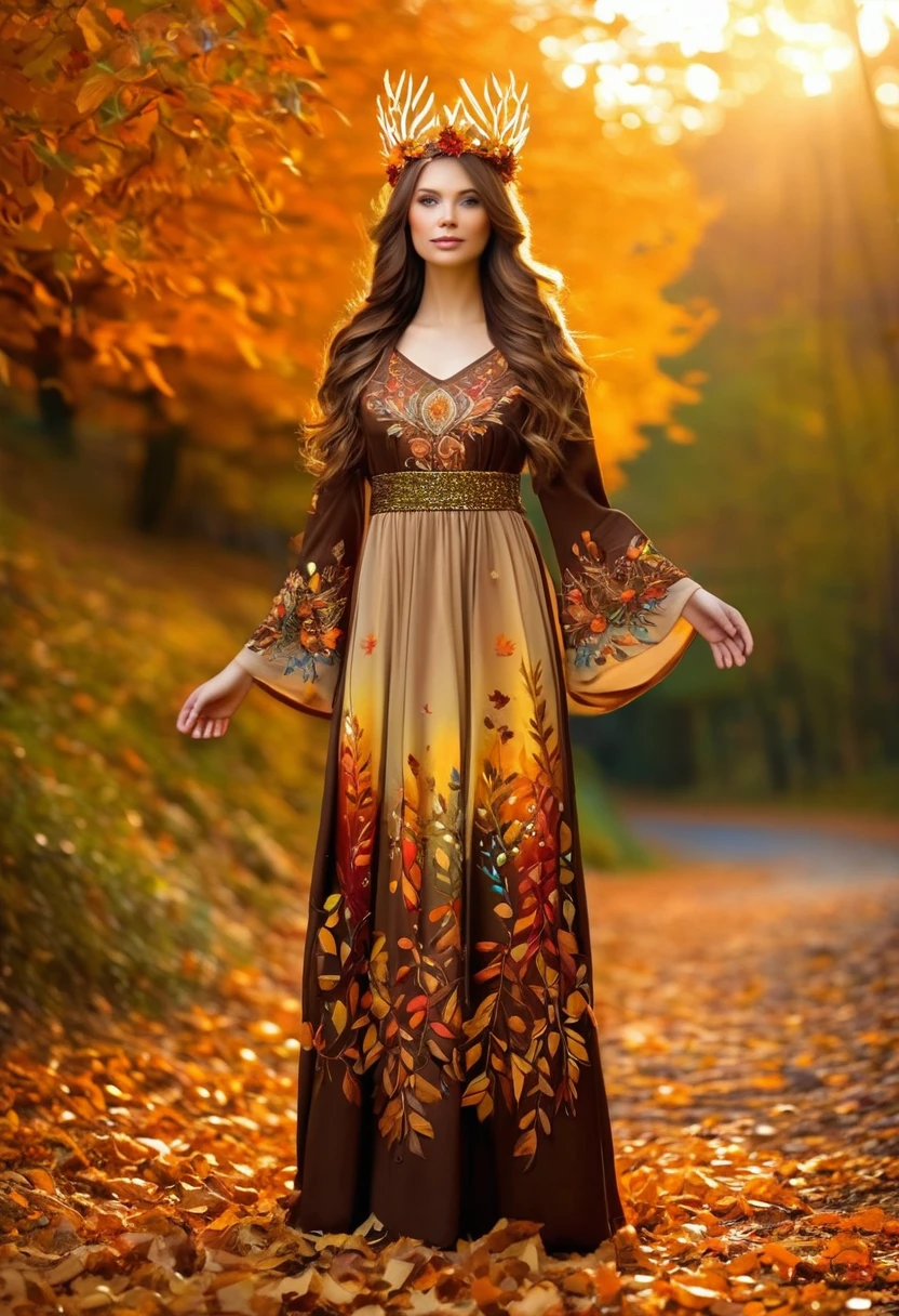 A radiant and charming (((norse goddess))) standing gracefully in the middle of a vibrant autumn landscape. Her loose brown locks cascade over her shoulders.., adorned with a crown of golden leaves that reflect the colorful foliage that surrounds it. The ground is covered with autumn colored leaves. . She is wrapped in an earth toned dress., embroidered with intricate patterns representing the changes of seasons. The soft glow of the setting sun casts a warm, ethereal light on her, infusing the scene with a magical atmosphere. Dead leaves of autumn colors are blown by the breeze.