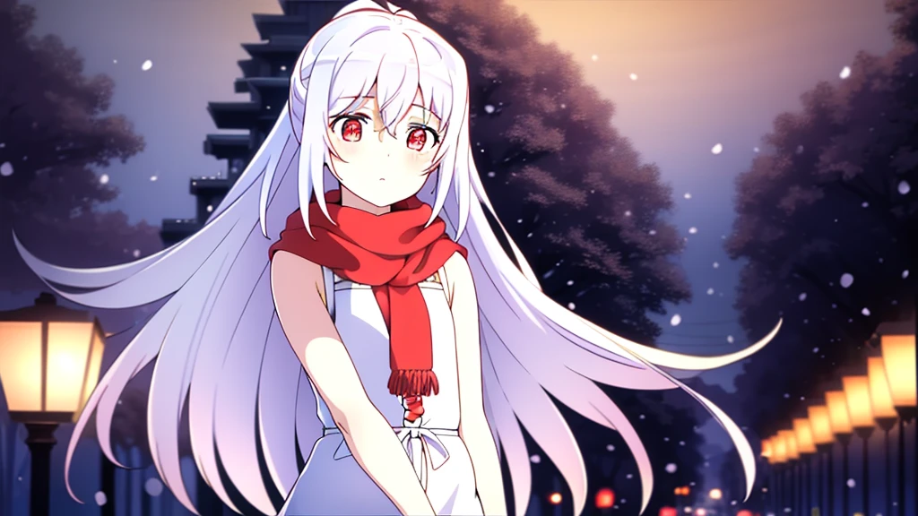 ((masterpiece)),(best quality),Official Art,Extremely detailed CG,Unity 8K wallpaper,Very detailed,Beautiful and delicate eyes,Extremely detailed face,1 girl,solitary,,(whole body:1.5),(small:1.3),,winter,Snowflakes fell in the sky,Light up the lights,Wish you a Happy New Year,Spring Festival,Wear a long red scarf,Red trench coat,Walking in the street,Celebrate in a warm atmosphere