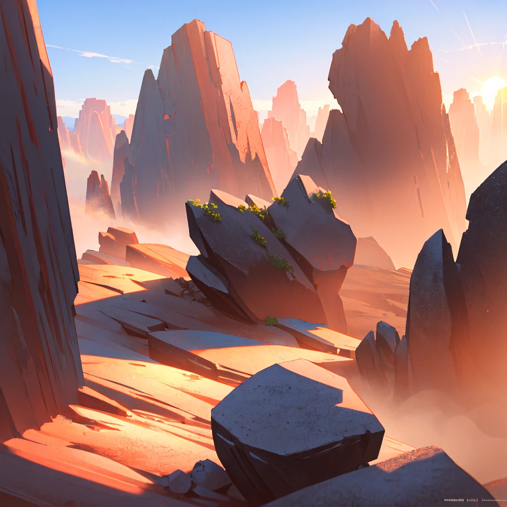 land, rocky, Uneven, rough, irregular, warm, Dusty, detailed, inattention, warm, Dazzling sunlight, blue sky, high quality, 8K