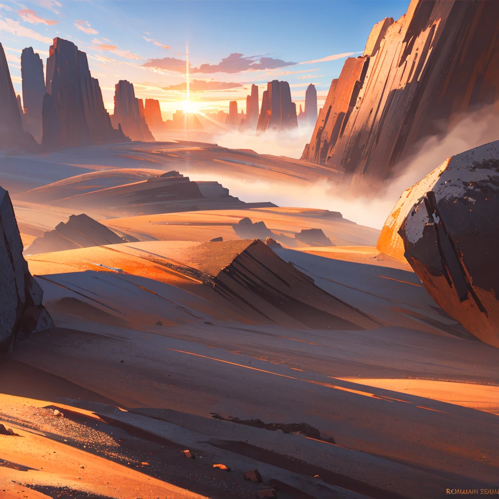 land, rocky, Uneven, rough, irregular, warm, Dusty, detailed, inattention, warm, Dazzling sunlight, blue sky, high quality, 8K