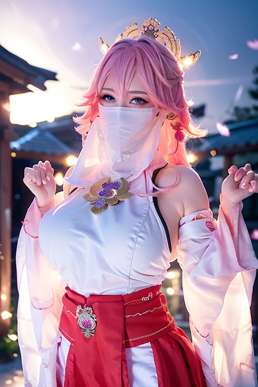 (Extreme Detail CG Unity 8K wallpaper, masterpiece, highest quality), (ulzzang-6500-v1.1:0.4) 1girl, kpop idol, yae miko, detached sleeves, pink hair, long hair, best quality, (photorealistic:1.2), (hair ornament:1.35), jewelry, wearing face veil, (white face veil, silk mask veil:1.2), purple eyes, earrings, (very huge round breasts, big breasts: 1.2), torii, cherry blossoms, lantern light, depth of field, detailed face, face focus, (looking at viewer:1.25), shiny skin, long sleeves, cowboy shot, dynamic pose, game cg, thigh highs, east asian architecture, night day, blurry background, full body, arms behind back, hands behind,