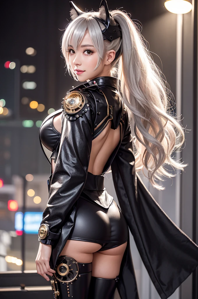 finest image, portrait, detailed and delicate depiction, a female warrior wearing a long black leather coat, sexy, beautiful, cute, abs, slender, amorous expression, lewd expression, ecstasy, orgasm, light silver glossy braided bangs short hair, light blue sparkling big eyes, double eyelids, background Northern Renaissance style, galaxy, midnight city, ruins, piles of rubble, puddles, rainbow and gold neon light many lines, iridescent, magic circle, fantasy, professional lighting