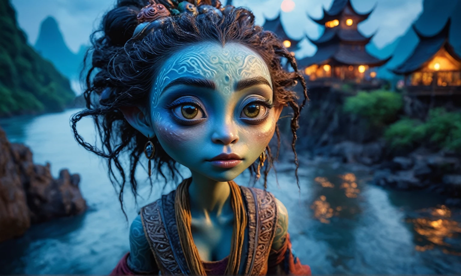 view from height,full-body-shot,niobium The Alien Entity Moana, sassiness temper,natural skin textures, hyper realisitc, hyper detailed,Extremely detailed,High contrast, ,Realistic,Ultra Detailed,intricate details,realistic humid skin,extremely intricate,Epic Realistic, Romantic, cinematic style,irina yermolova, messy hair,luminous eyes,extremely detailed, [night landscape],masterpiece,intricate details,faded,eyes extremely detailed, high detailed eyes,32k resolution, Nikon Z9,orc's village of fishers on Li River in  National Forest Park,full body length,mother-of-bismuth TAUN WE from star wars,ominous landscape,flying islands on background in dangerous atmosphere,intricate details,realistic humid skin,extremely intricate details,anatomically correct,faded,eyes extremely detailed, high detailed eyes,UHD,Retina,HDR,natural skin textures, hyper realism, hyper detailed,High contrast,Realism,Ultra Detailed,irina yermolova,close full body shot, masterpiece,faded,32k resolution, Nikon Z9,sunset, a Tim Burton-inspired dreamscape,Bun Hair,(Folk clothes:1.5),Mestichino,Light particles,marble's leather 