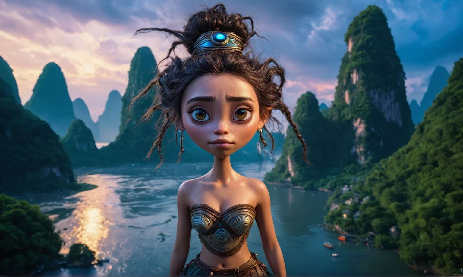 view from height,full-body-shot,niobium The Alien Entity Moana, sassiness temper,natural skin textures, hyper realisitc, hyper detailed,Extremely detailed,High contrast, ,Realistic,Ultra Detailed,intricate details,realistic humid skin,extremely intricate,Epic Realistic, Romantic, cinematic style,irina yermolova, messy hair,luminous eyes,extremely detailed, [night landscape],masterpiece,intricate details,faded,eyes extremely detailed, high detailed eyes,32k resolution, Nikon Z9,orc's village of fishers on Li River in  National Forest Park,full body length,mother-of-bismuth TAUN WE from star wars,ominous landscape,flying islands on background in dangerous atmosphere,intricate details,realistic humid skin,extremely intricate details,anatomically correct,faded,eyes extremely detailed, high detailed eyes,UHD,Retina,HDR,natural skin textures, hyper realism, hyper detailed,High contrast,Realism,Ultra Detailed,irina yermolova,close full body shot, masterpiece,faded,32k resolution, Nikon Z9,sunset, a Tim Burton-inspired dreamscape,Bun Hair,(Folk clothes:1.5),Mestichino,Light particles,marble's leather 