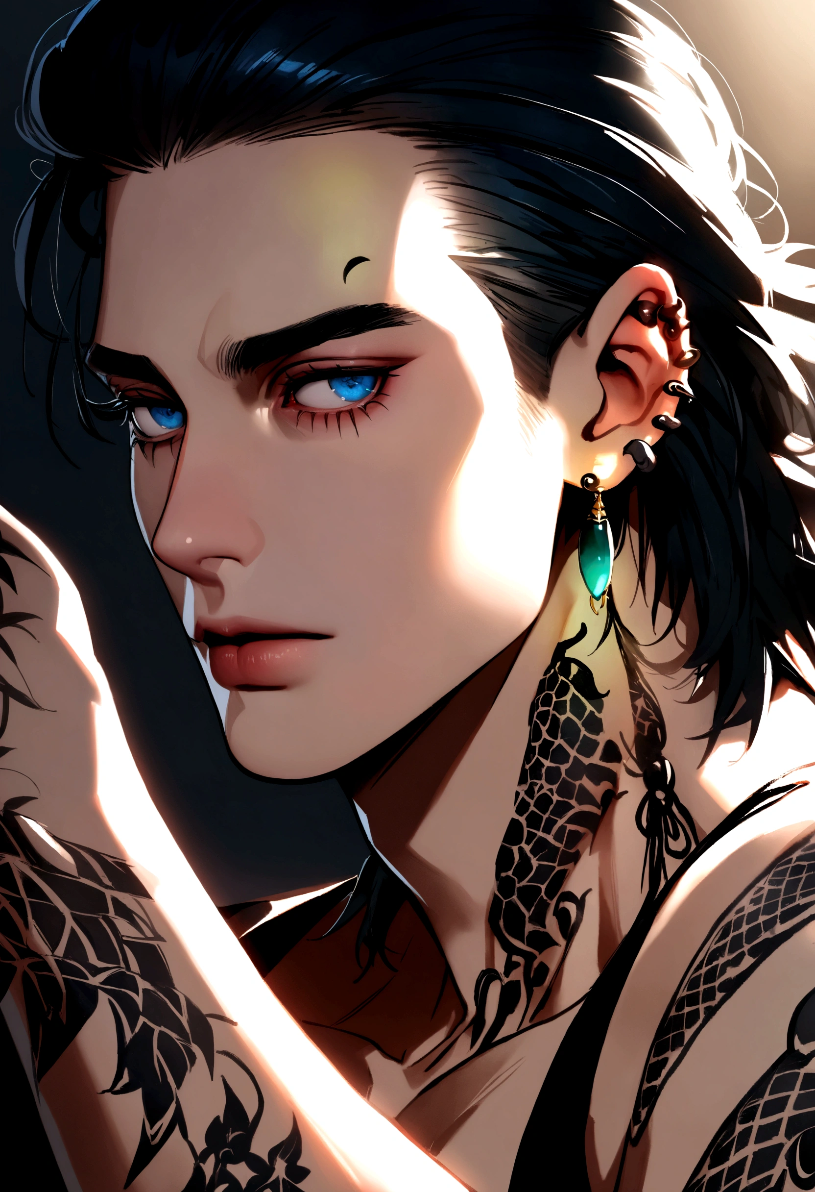 there is a woman with tattoos on her arms and neck, handsome guy in demon slayer art, cute androgynous prince, delicate androgynous prince, tall anime guy with blue eyes, detailed fanart, highly detailed exquisite fanart, cute japanese demon boy, :: rossdraws, Awesome anime face portrait, anime portrait of a handsome man, attractive androgynous humanoid