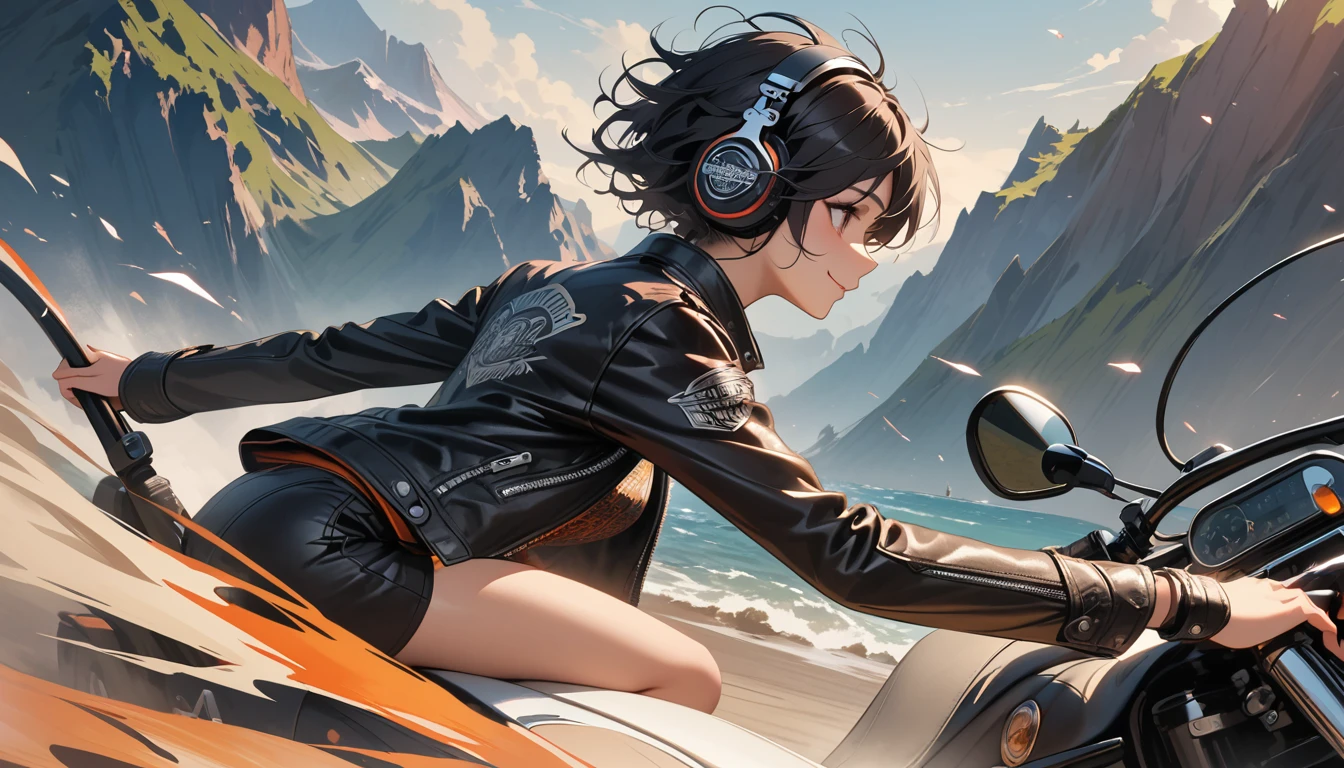 ((8k of extremely detailed CG unit, Masterpiece, high resolution, highest quality, highest quality real texture skin)), (((profile))), (((Japanese pattern leather jacket))), (((Harley-Davidson))), (((Japanese style headphones))), (((sunglasses))), (((Smiling while driving))), (((Japanese patterned helmet))), ((1 girl)), (Black hair, messy hair, beige skin), (surreal, digital painting)