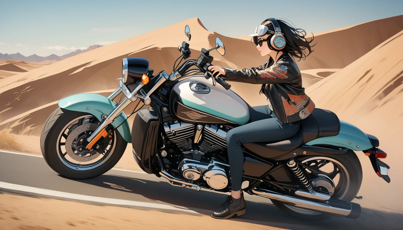 ((8k of extremely detailed CG unit, Masterpiece, high resolution, highest quality, highest quality real texture skin)), (((profile))), (((Japanese pattern leather jacket))), (((Harley-Davidson))), (((Japanese style headphones))), (((sunglasses))), (((Smiling while driving))), (((Japanese patterned helmet))), ((1 girl)), (Black hair, messy hair, beige skin), (surreal, digital painting)