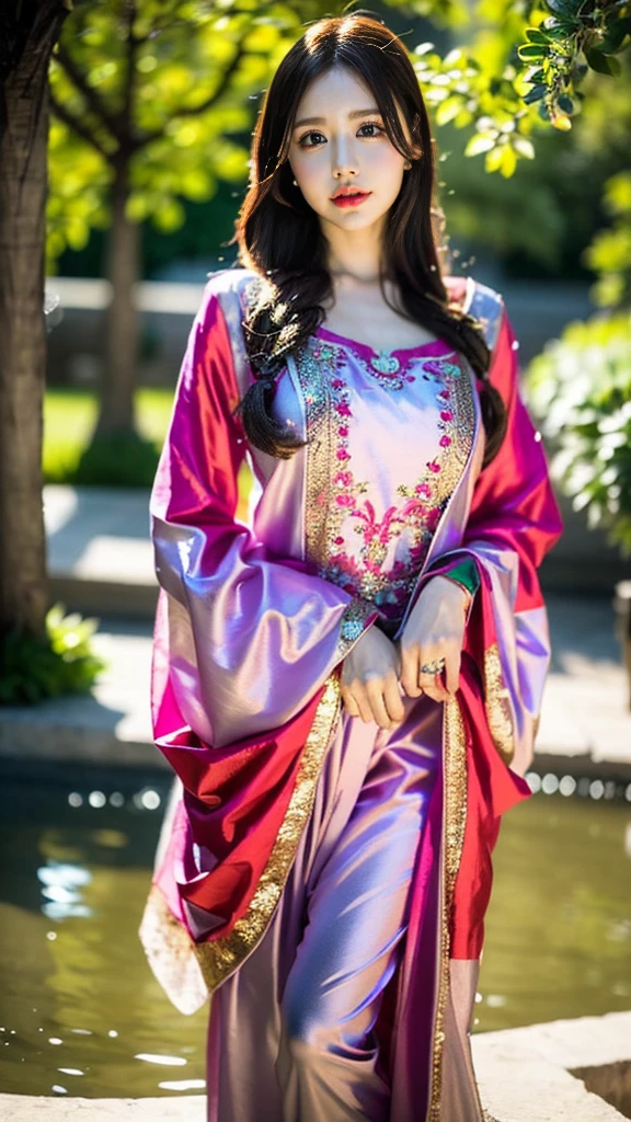 (((HD photo))), ultra high res.photorealistic:. 1.4, UHD a woman in a beautiful garden, wearing a traditional shalwar kameez dress, standing gracefully with a serene expression. The woman has almond-shaped eyes with long eyelashes and perfectly shaped eyebrows. Her lips are full and delicately detailed, adding to her beauty. The shalwar kameez dress is made of fine silk fabric with intricate embroidery, displaying vibrant colors and patterns. The garden is filled with blooming flowers, lush green trees, and a tranquil pond. The sunlight gently filters through the foliage, casting a warm and soft glow on the scene. The image is of the highest quality, with ultra-detailed textures and realistic rendering. The colors are vivid and vibrant, creating a visually stunning masterpiece.